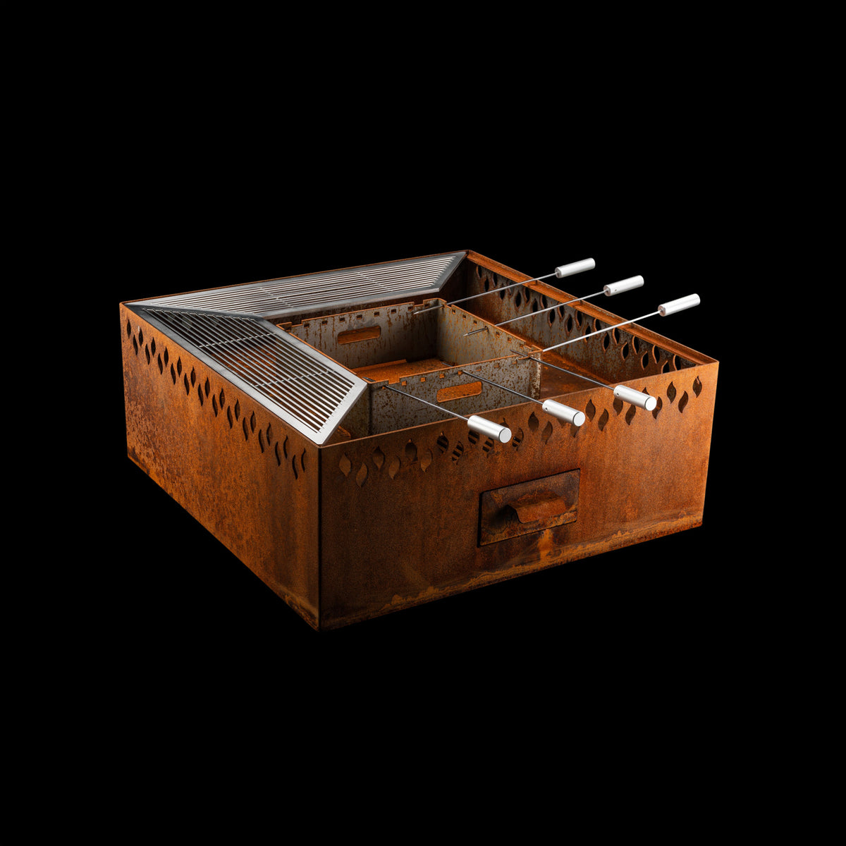 Feuerschale Quadrat 100 - natürliche Rostpatina - 40 cm Höhe mit Grillring - Variante