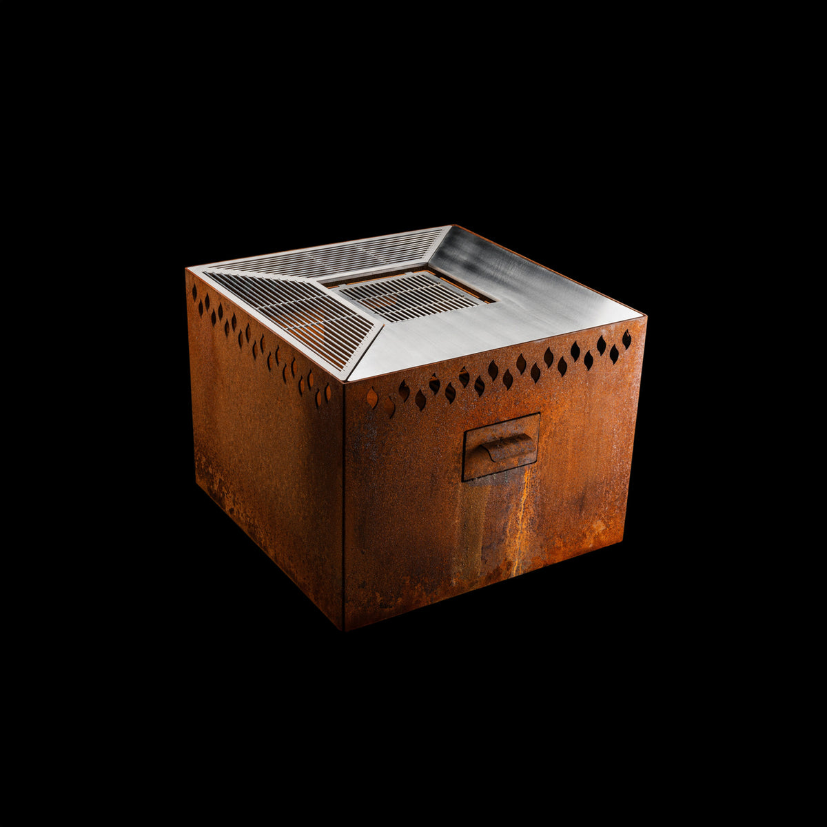 Feuerschale Quadrat 80 - natürliche Rostpatina - 60 cm Höhe mit Grillring - Variante