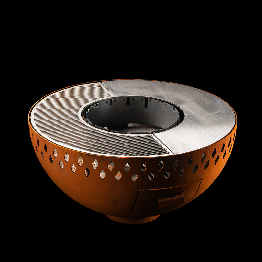 Feuerschale Rund 100 - natürliche Rostpatina - mit Grillring