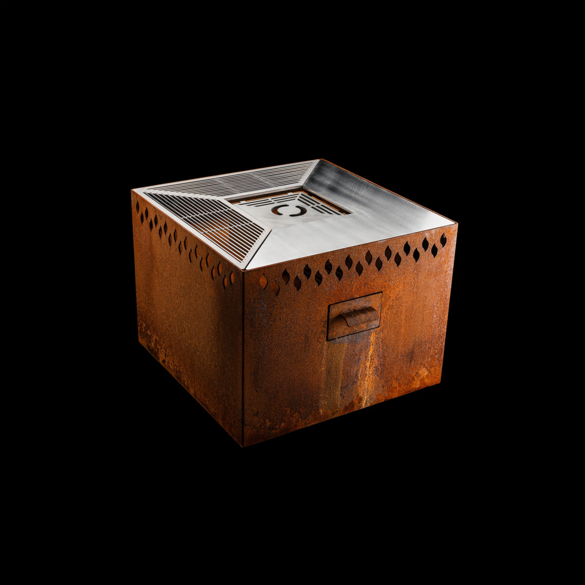 Feuerschale Quadrat 80 - natürliche Rostpatina - 60 cm Höhe mit Grillring - Variante