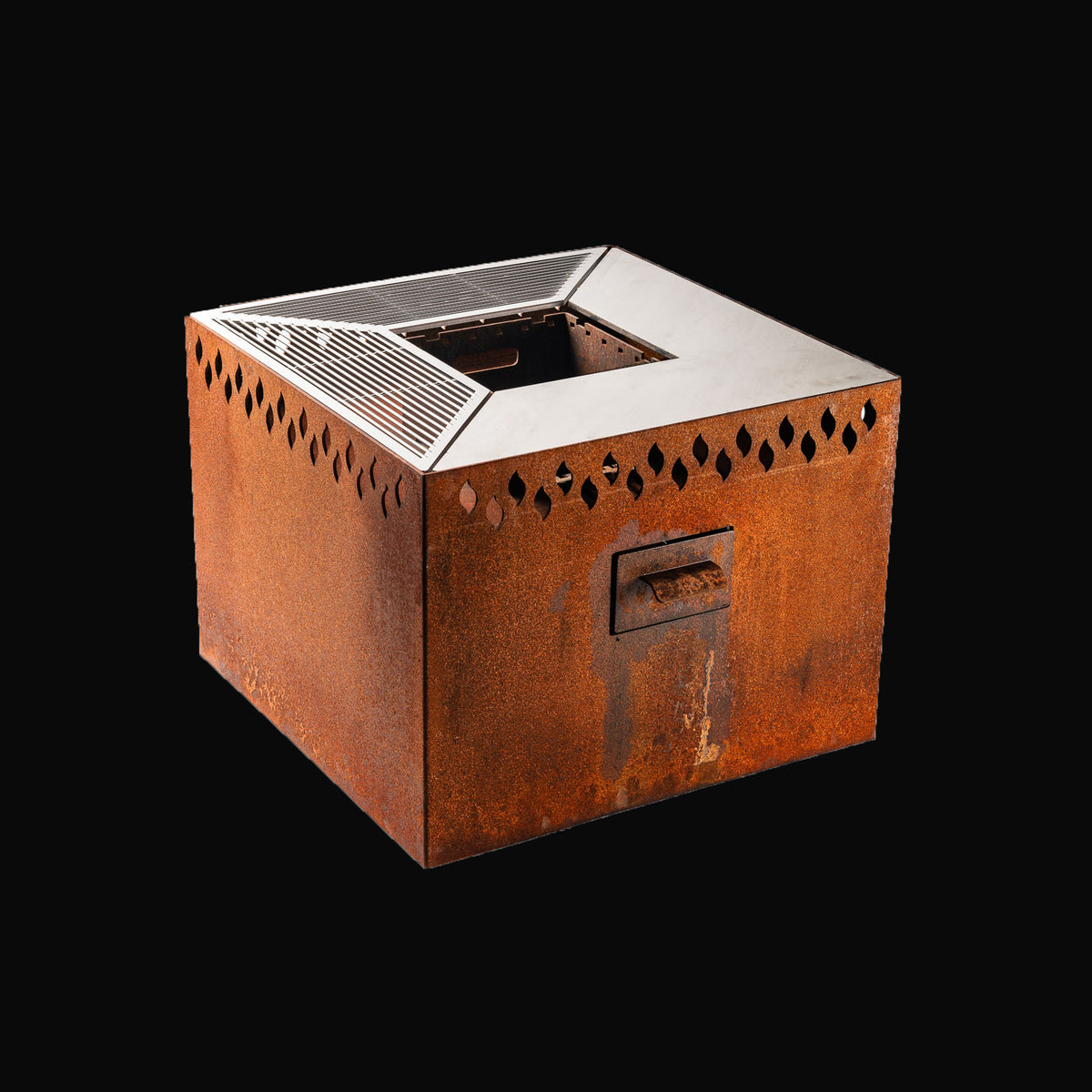 Feuerschale Quadrat 80 - natürliche Rostpatina - 60 cm Höhe mit Grillring - Variante