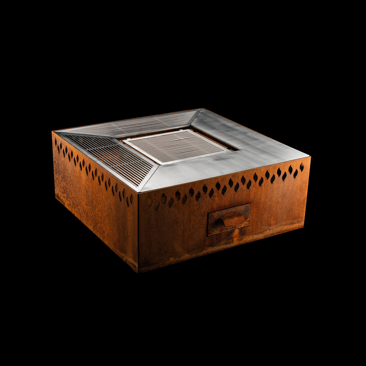 Feuerschale Quadrat 100 - natürliche Rostpatina - 40 cm Höhe mit Grillring - Variante