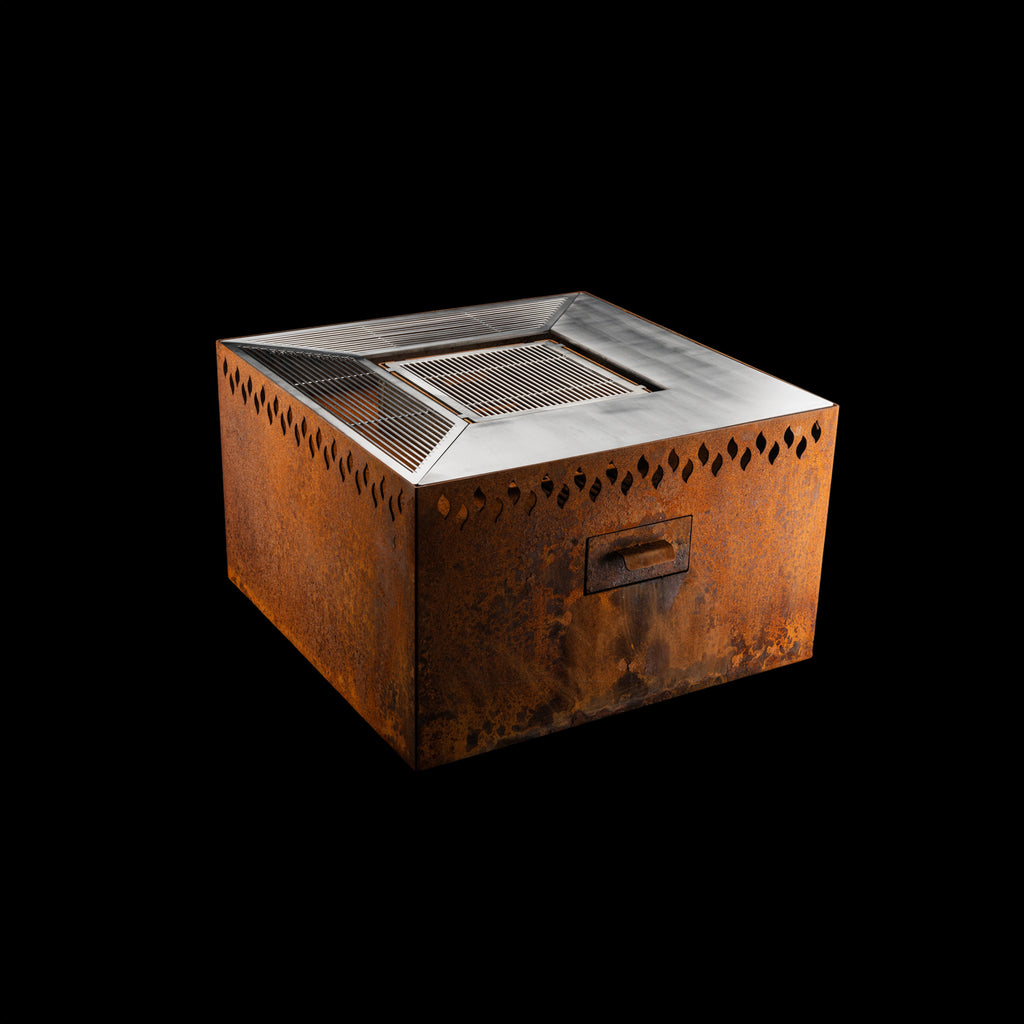Feuerschale Quadrat 100 - natürliche Rostpatina - 60 cm Höhe mit Grillring - Variante