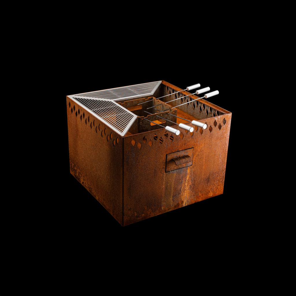 Feuerschale Quadrat 80 - natürliche Rostpatina - 60 cm Höhe mit Grillring