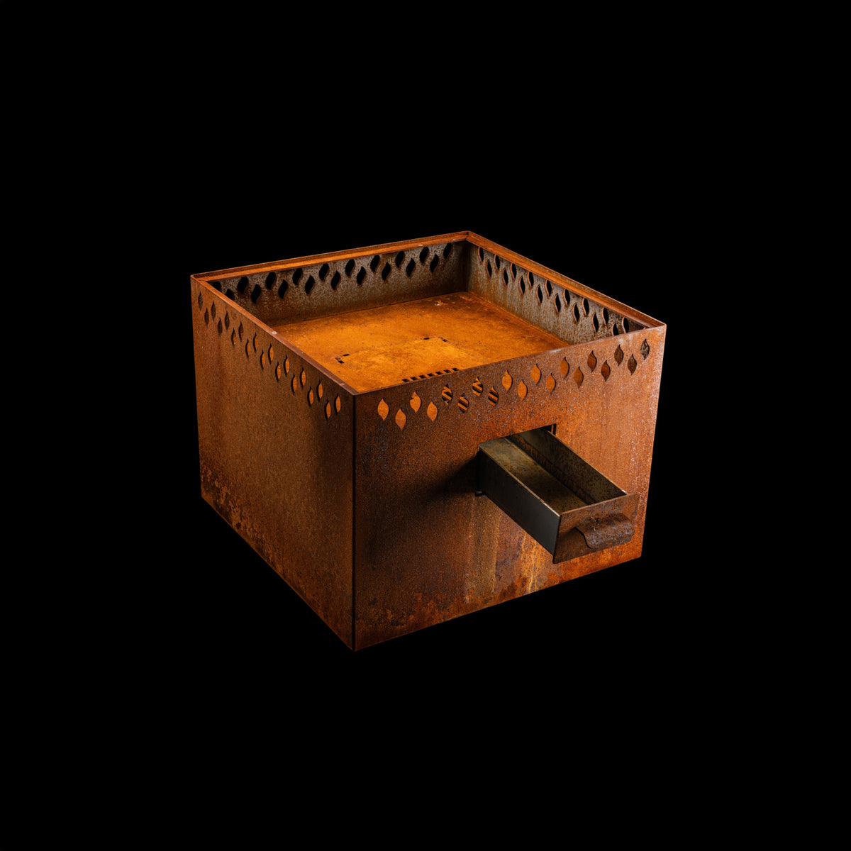 Feuerschale Quadrat 80 - natürliche Rostpatina - 60 cm Höhe mit Grillring - Variante