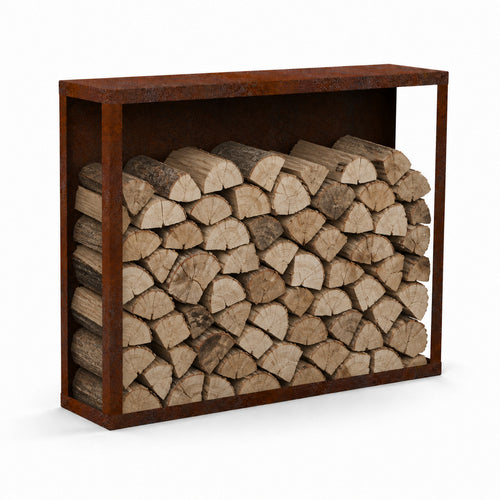 Kaminholzregal STANDARD 120 × 120 cm - natürliche Rostpatina - Rückwand