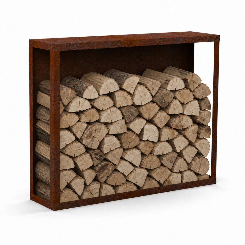 Kaminholzregal STANDARD 120 × 120 cm - natürliche Rostpatina - Rückwand